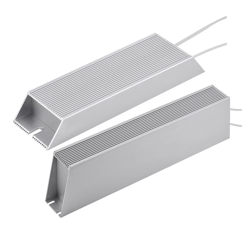Two silver aluminum housed braking resistors with cooling fins and wire leads